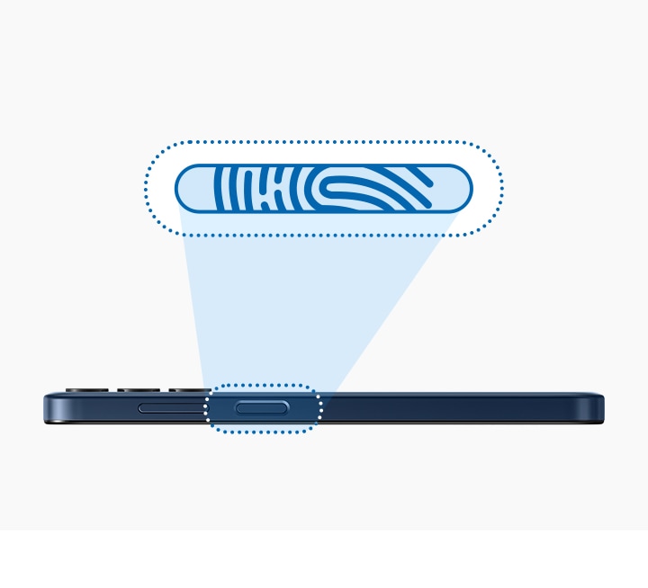 A Galaxy M15 5G is shown horizontally flat and showing its side profile. The side fingerprint sensor is shown and highlighted to show a fingerprint on the sensor.