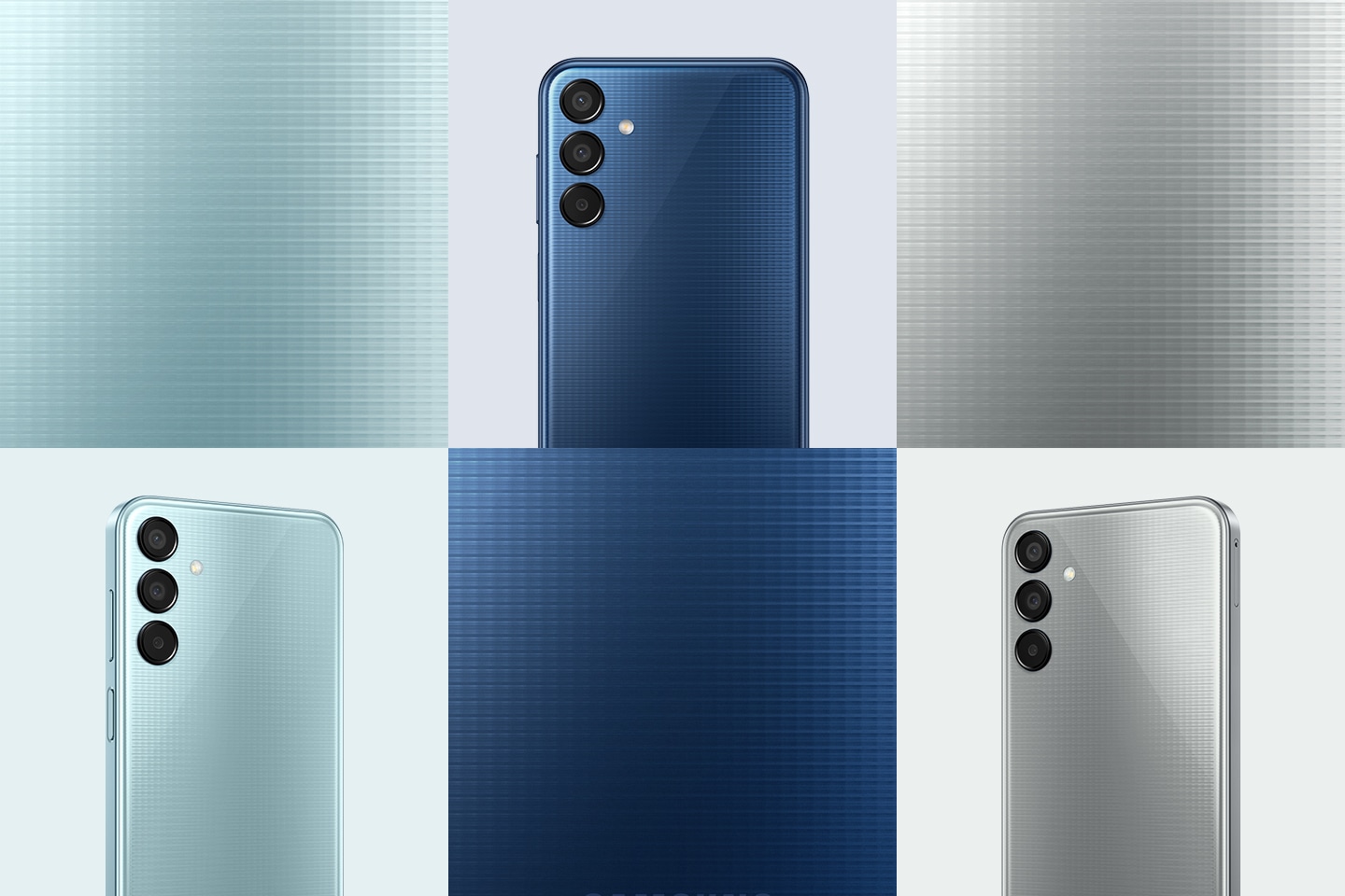 Three Galaxy M15 5Gs in Light Blue, Dark Blue and Gray are shown displaying their back covers. Each colorway is shown along with a full shot of close-ups of the backcovers, showing the colorway and rear patterns in detail.