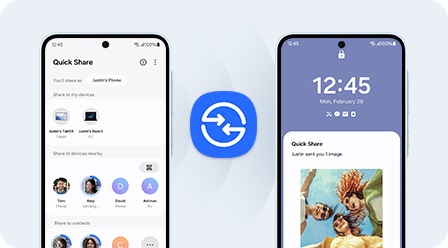 L'écran du téléphone de gauche répertorie les fichiers et les contacts disponibles pour le partage, tandis que le téléphone de droite affiche une notification pour un transfert « Quick Share » entrant avec un aperçu des images partagées, l'icône Quick Share au centre.