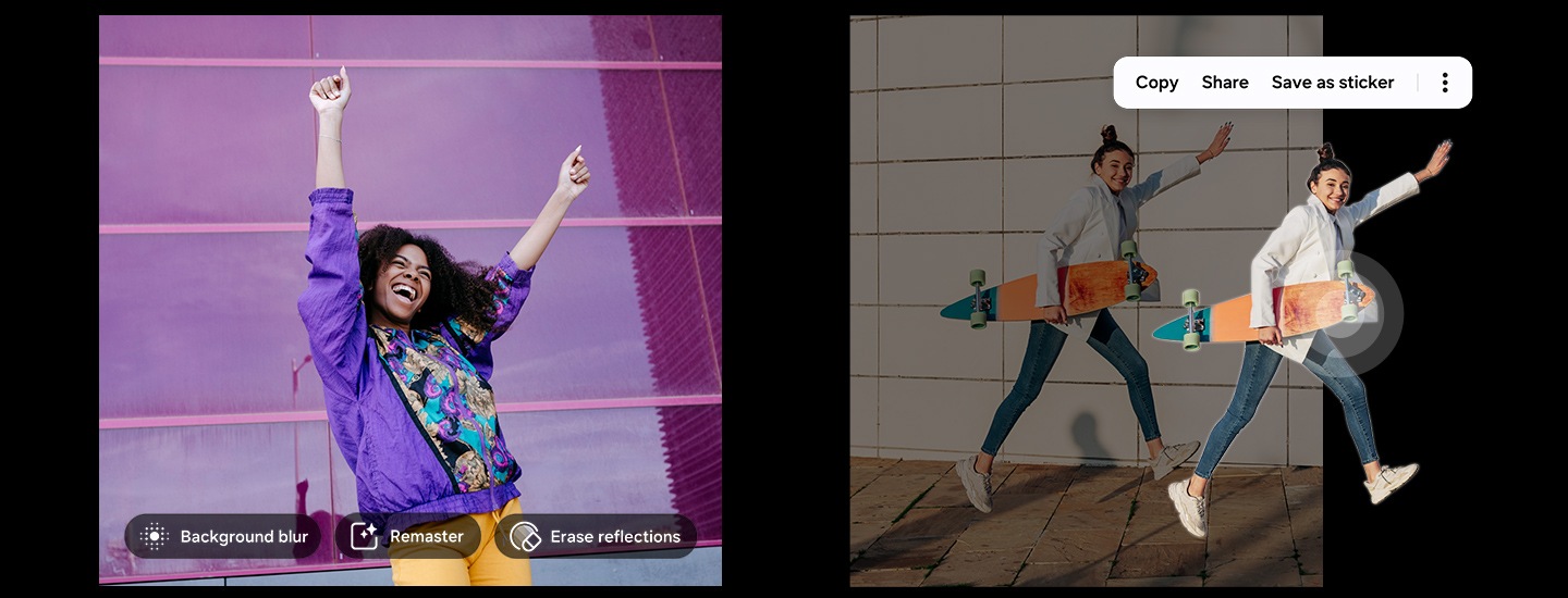 Une image en écran partagé présentant les fonctions de retouche photo. Suggestion de modification : une femme joyeuse avec les bras levés avec des options pour le flou d'arrière-plan, la refonte et l'effacement des reflets. Image Clipper : une femme tenant un skateboard a été dupliquée et soulevée de l'arrière-plan, avec des options pour copier, partager ou enregistrer sous forme d'autocollant affichées.