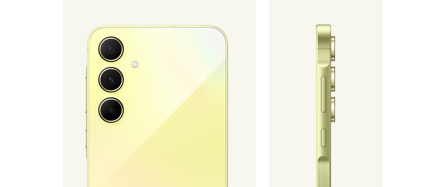 Un Galaxy A55 5G en Awesome Lemon montre la disposition de sa caméra, la vue arrière de la disposition de la caméra et la vue latérale de l'appareil.