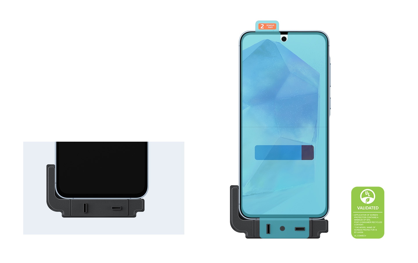 An installation frame is shown with a Galaxy device placed and aligned for installation. To the right, another Galaxy device aligned with the installation frame has a Screen Protector aligned, placed on top and ready to peel and use. At the bottom is the UL Environmental Claim Validation logo 'APPLICATOR OF SCREEN PROTECTOR CONTAINS A MINIMUM OF 50% POST-CONSUMER RECYCLED CONTENT. *THE MODEL NAME OF SCREEN PROTECTOR IS EF-UA556.'