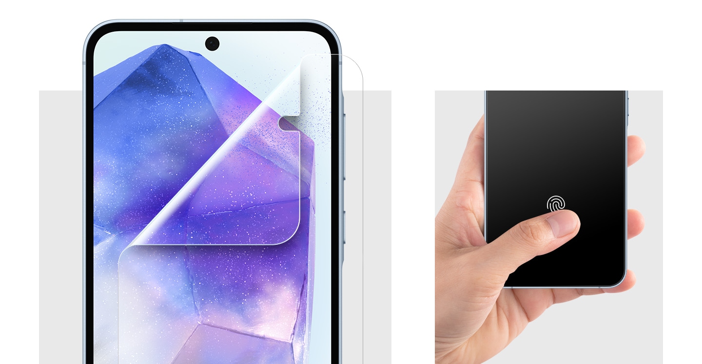 A Galaxy device showing a multi-sided, light-reflecting crystal on-screen has a Screen Protector film being installed. A hand holding a Galaxy device with a Screen Protector film installed is touching the fingerprint sensor area with a thumb.
