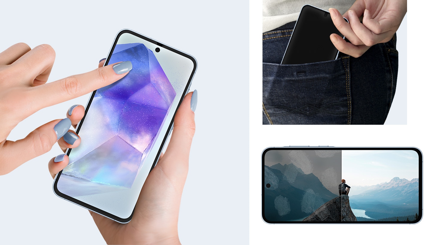 A hand is touching the screen of a Galaxy device. Another hand is putting a Galaxy device into the back pocket of a pair of jeans. Another Galaxy device showing a man sitting on top of a summit enjoying the view is divided in the middle to show fingerprints smudges on the side where the Screen Protector is not applied while the applied side is bright and clear.