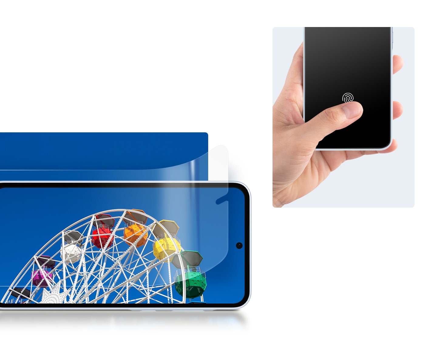 A Galaxy device showing a colorful ferris wheel under a bright, blue sky has a Screen Protector film being installed. A hand holding a Galaxy device with a Screen Protector film installed is touching the fingerprint sensor area with a thumb.