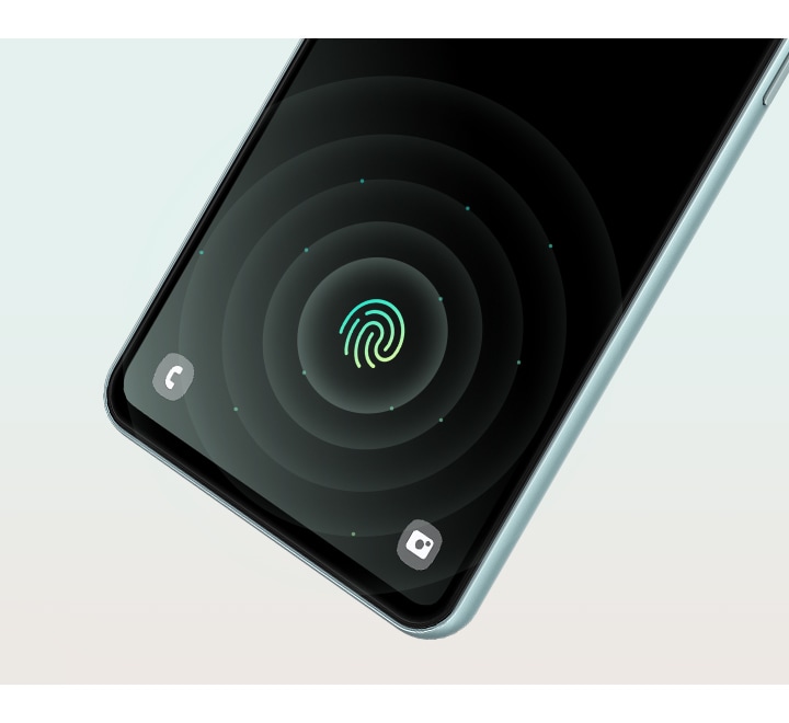 The bottom half of a Galaxy M55 5G device is shown with the 'Call' icon on the bottom left corner, 'Gallery' icon on the bottom right corner and the fingerprint sensor icon in neon green shown slightly above at the center.