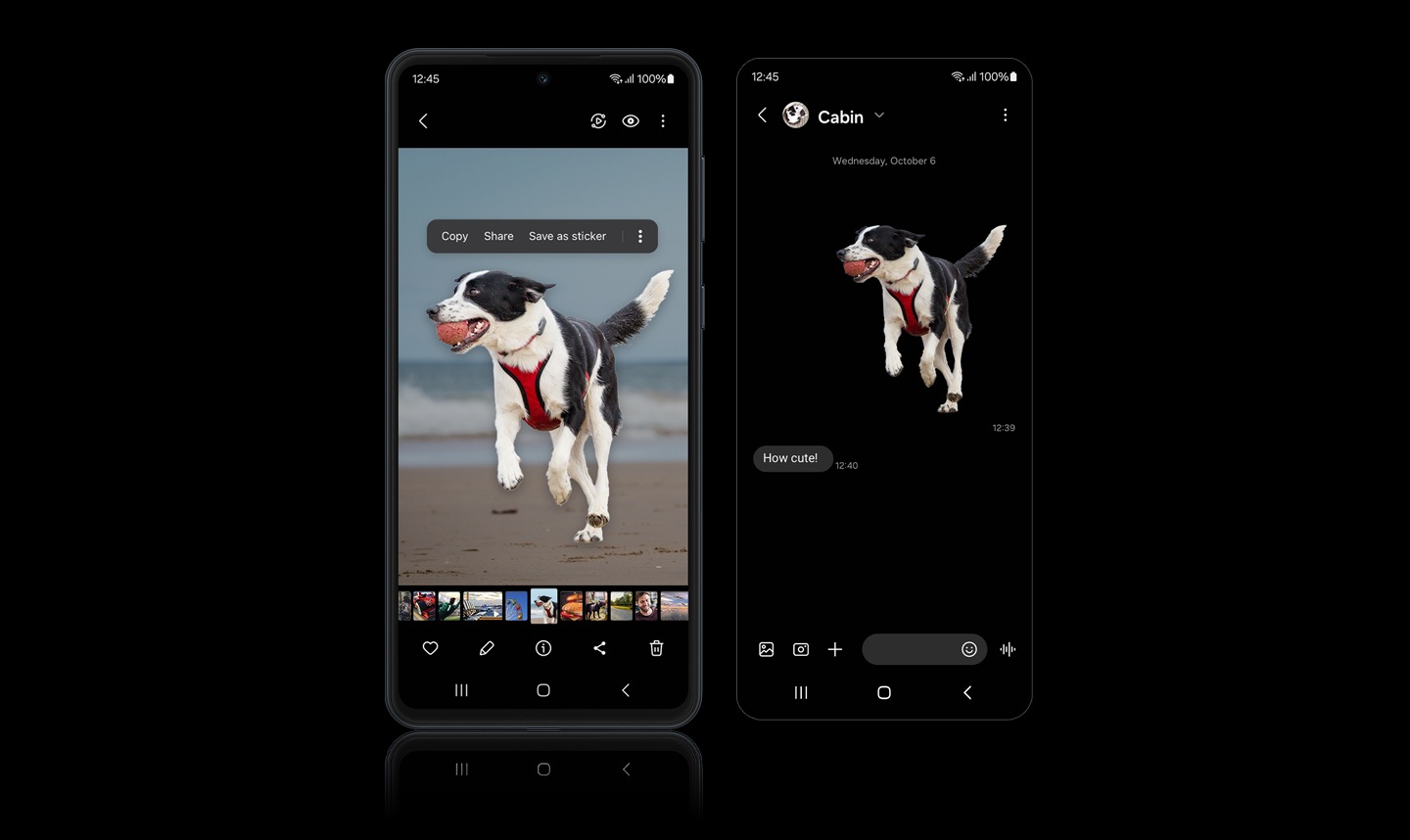 A Galaxy M55 5G device on the left shows Image Clipper isolating an image of a dog from a photograph of the dog playing on a beach. To the right of the device, a Galaxy M55 5G screen shows the cropped image of the dog sent to a friend in a message along with a reply that reads, 'How cute!'.