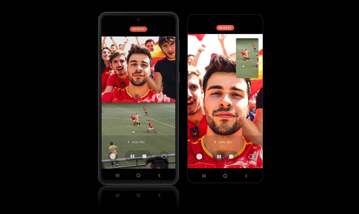 A Galaxy M55 5G device on the left shows how Dual Recording is recording a video with a man and his friends watching a football match on the top half of the screen and the actual football match on the bottom half of the screen. To the right of the device, a Galaxy M55 5G screen shows the same recordings with the man's footage blown up as the main and the football match footage shown on the upper right corner in a smaller bubble.