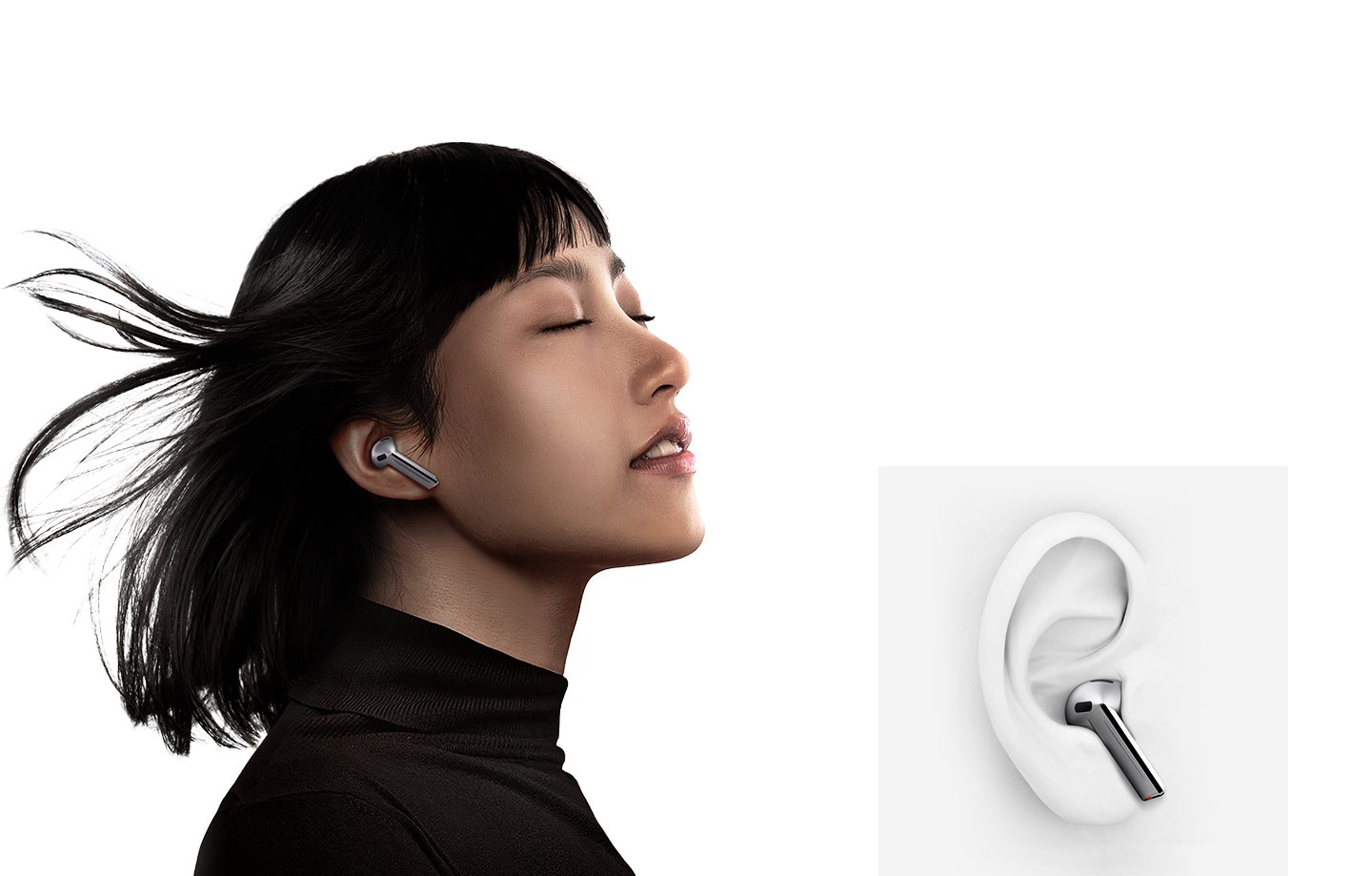 A woman using the Galaxy Buds3 in silver. A single, silver colored Galaxy Buds3 earbud being worn.