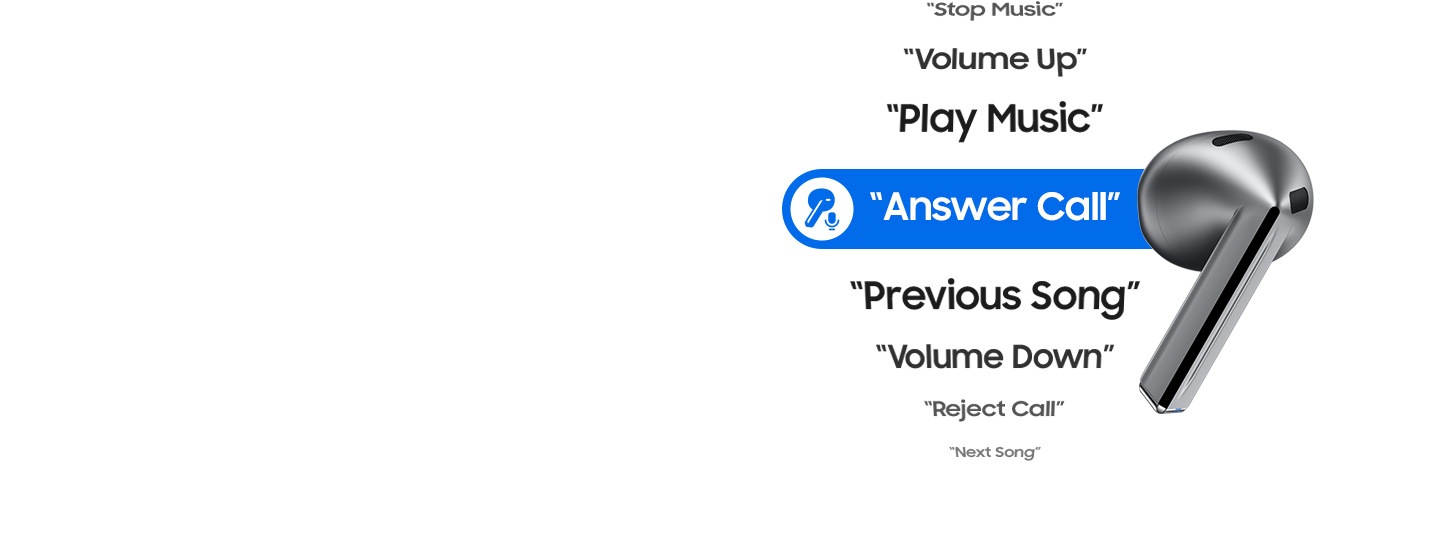 A single, Galaxy Buds3 earbud in silver is on the right next to the voice command Answer Call with various voice commands above and below Answer Call.