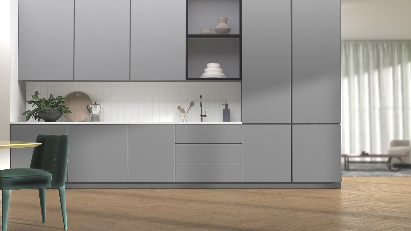 DW7700B is installed seamlessly with existing kitchen cabinets. Energy label certified by European energy labelling system is on the side. It is B energy grade and high energy efficiency. The label model is DW60DG770I00U1. Energy consumption : 64kwh / 100 cycle, Rated capacity : 14x, Water consumption : 9.4L, Program duration : 4:09 (h:min), Noise : 43dB / B grade among ABCD.