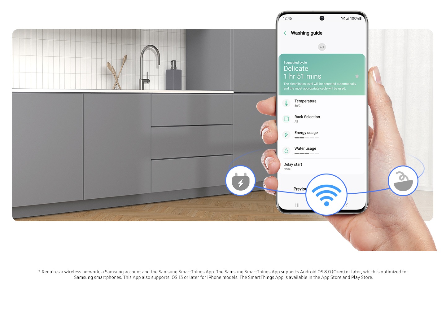 * Requires a wireless network, a Samsung account and the Samsung SmartThings App. The Samsung SmartThings App supports Android OS 8.0 (Oreo) or later, which is optimized for Samsung smartphones. This App also supports iOS 13 or later for iPhone models. The SmartThings App is available in the App Store and Play Store. A person is using the SmartThings App on smartphone. It suggests washing guide and washing cycle for user.