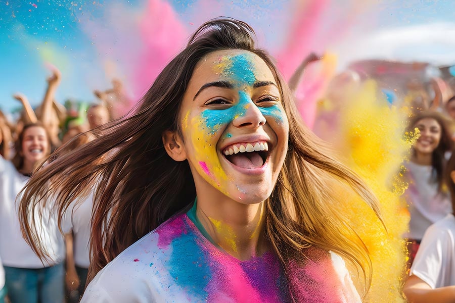 A woman is smiling with colorful powder on her face. 