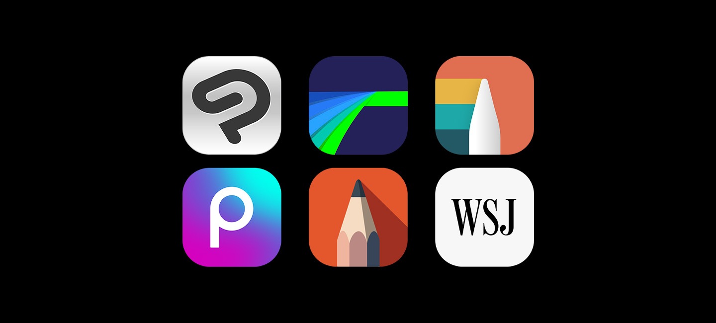 App icons of Clip Studio Paint, LumaFusion, Noteshelf3, Picsart, Sketchbook and Wall Street Journal.