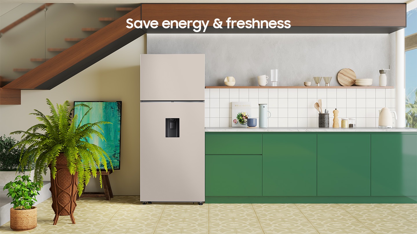 Save energy & freshness. The refrigerator is installed in the Kitchen.