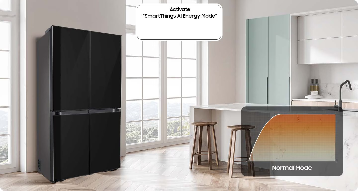 There is a Bespoke fridge in a sunlit kitchen. The toggle for 'Activate SmartThings AI Energy Mode' is off. Normal mode's energy consumption graph indicates high energy consumption.