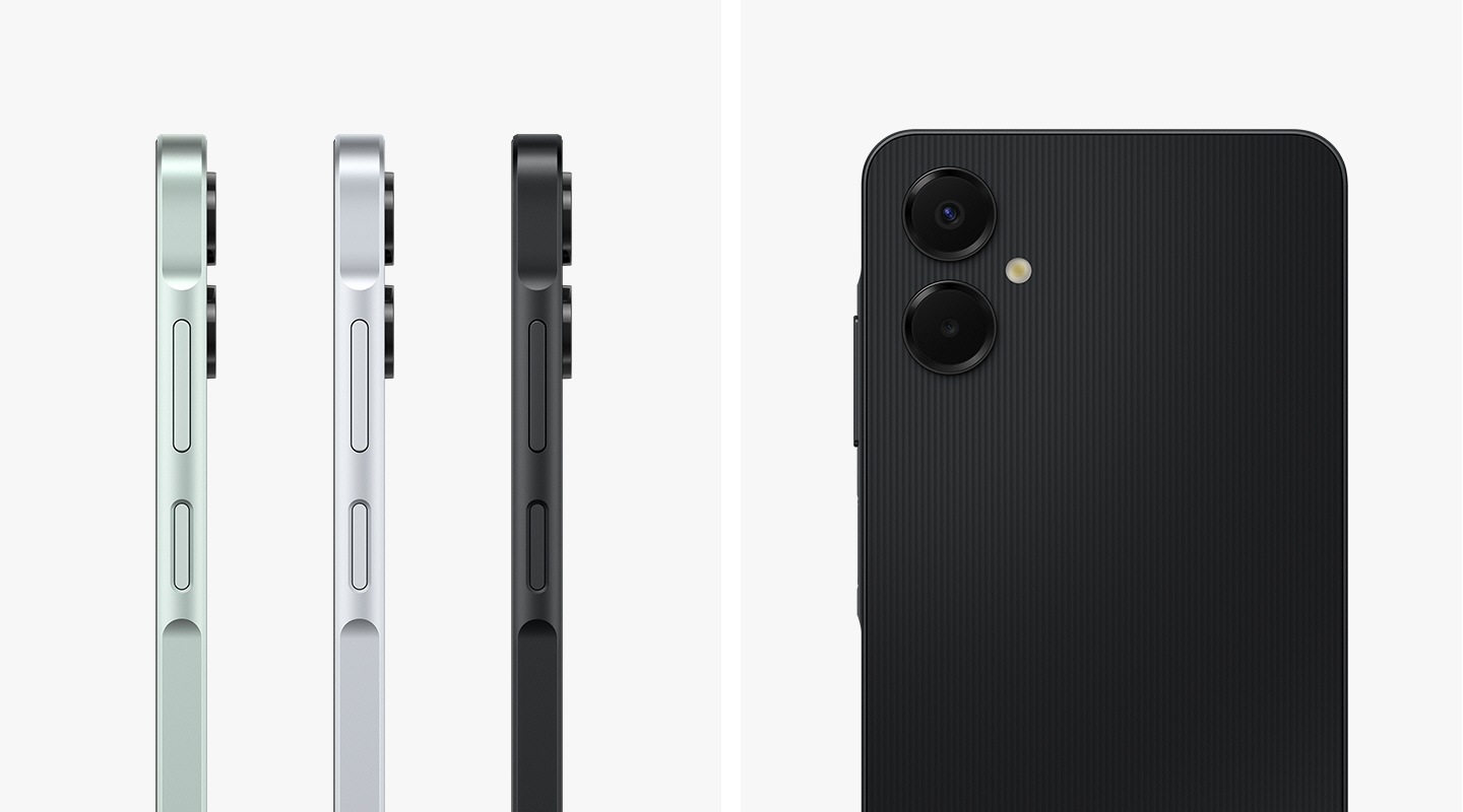 The side profile of four Galaxy A06 5G in Light Green, Light Gray and Black are shown. The back view of a Black Galaxy A06 5G is shown as well, highlighting its dual camera setup and the overall slimmer design.