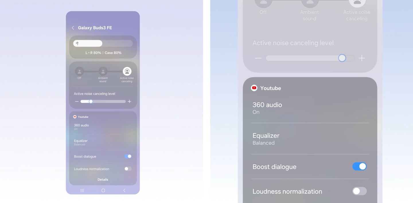A Galaxy smartphone screen is swiped down, which opens up the quick settings panel. It's zoomed in on the volume slider which is pressed for few seconds to open a widget showing Buds battery level and Active noise canceling level. Another screen is zoomed in on the Active noise canceling level widget where the ANC level slides up from left to right. Below, a widget for YouTube audio displays settings for 360 audio turned on, Equalizer balanced, Boost dialogue turned on and Loudness normalization turned off. It then changes to a widget for Spotify audio, showing a different set of audio configurations. For Spotify, the audio displays settings for 360 audio turned off, Equalizer bass boost, Boost dialogue turned off and Loudness normalization turned on. Finally, the view zooms out to show all the settings previously shown.