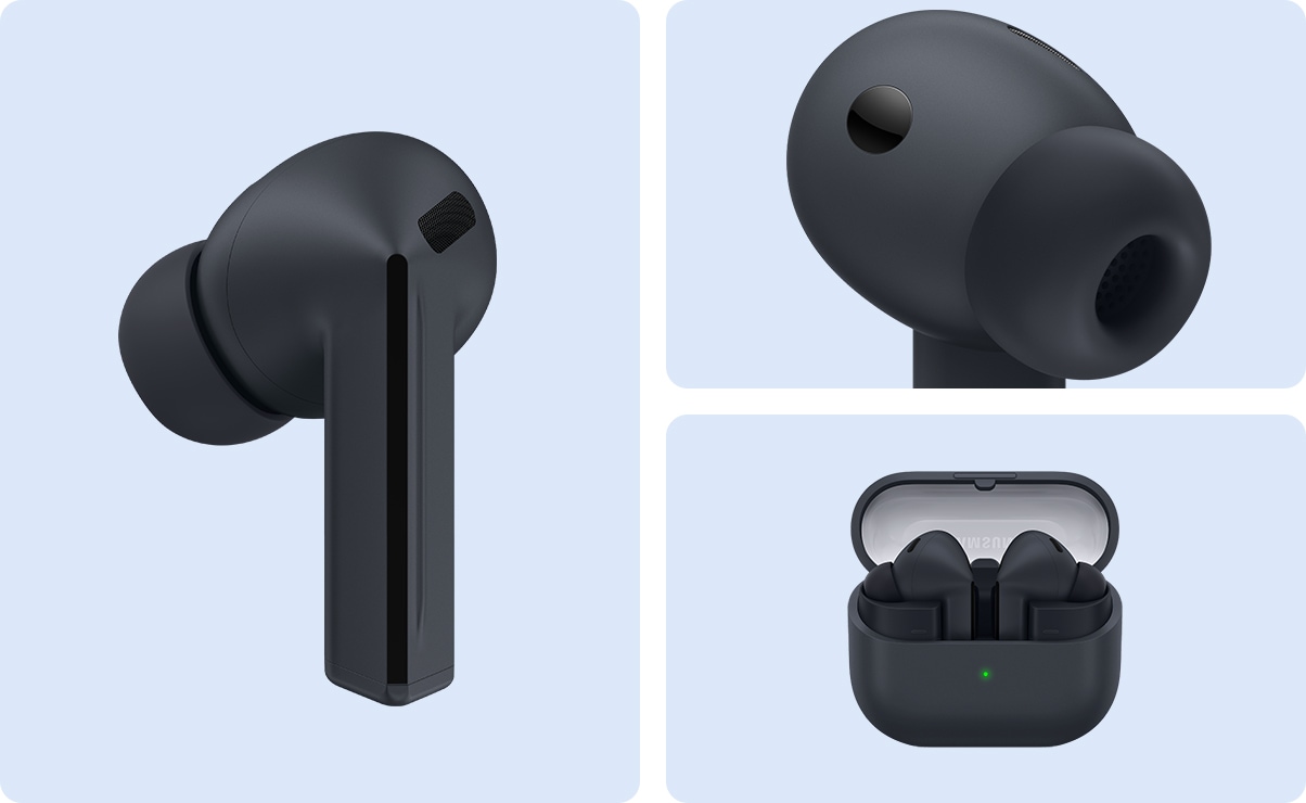 A single, Galaxy Buds3 FE earbud in Black. Close-up of Galaxy Buds3 FE earbud focusing on the head portion of the earbud. Galaxy Buds3 FE in an open charging case.