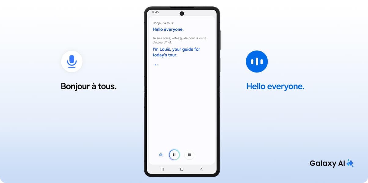 Galaxy AI icon next to Samsung Galaxy S25 with Interpreter open showing the French source text, immediately followed by the English interpretation. The English interpretation shows Hello everyone on one line. The next line shows I'm Louis, your guide for today's tour in written text.