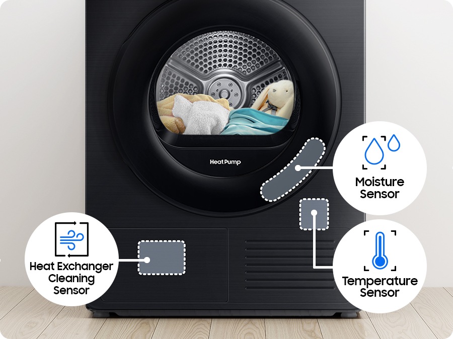 The DV5000D dryer has a moisture sensor on the bottom of the drum, a temperature sensor on the bottom right, and a heat exchanger cleaning sensor on the bottom left.