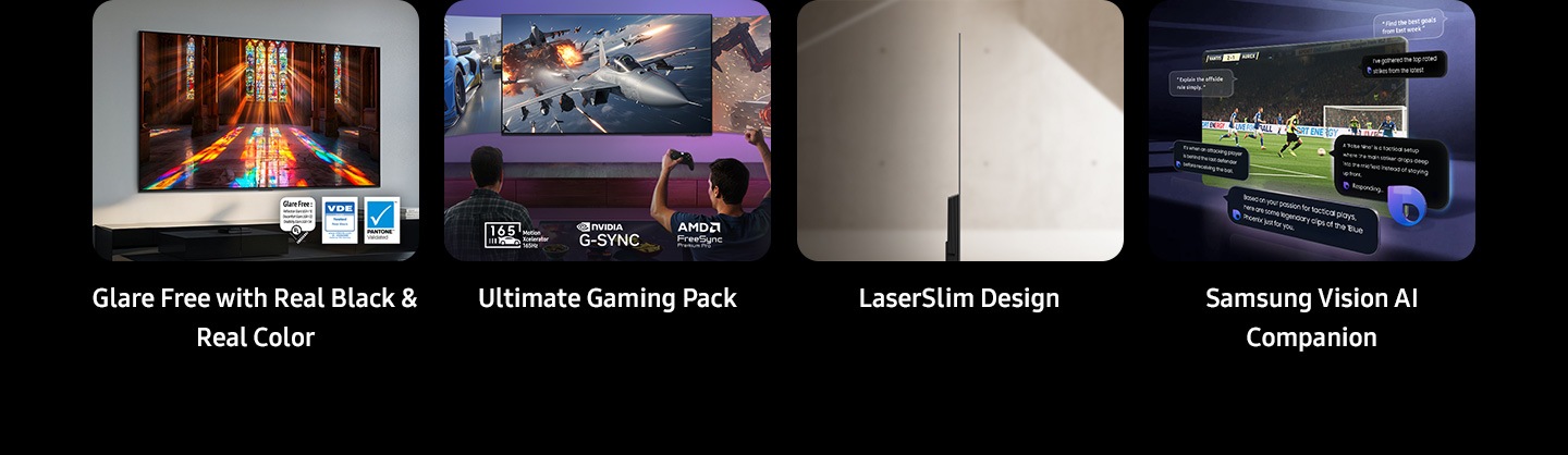 Top four feature summary of S90H, including Glare Free with Real Black & Real Color, Ultimate Gaming Pack, LaserSlim Design and Samsung Vision AI Companion/Bixby. Glare Free with Real Black & Real Color image includes Glare Free: Reflection Glare UGR<10, Discomfort Glare UGR<22, Disability Glare UGR<34 UL verified V166045 UGR<10 logo, VDE 01/2026 Tested Real Black logo, www.VDEinfo.com, ID. 40060582, Tested by VDE Germany, Pantone™ Validated logo. Ultimate Gaming Pack image includes 165 Motion Xcelerator 165Hz logo, NVIDIA G-Sync logo and AMD FreeSync Premium Pro logo.
