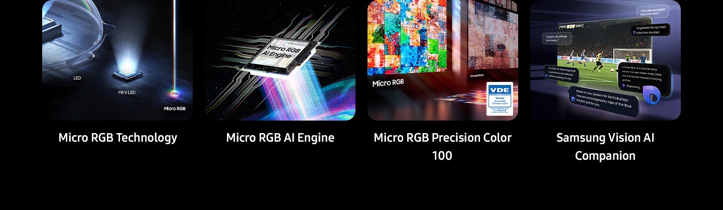 Key features at a glance shown as Micro RGB Technology with LED, Mini LED and Micro RGB. Micro RGB AI Engine. Micro RGB Precision Color 100 compared to conventional screen with VDE logo (01/2026 Tested Micro RGB Precision Color, www.VDEinfo.com, ID. 40060498, Tested by VDE Germany). Samsung Vision AI Companion. Samsung TV playing football scene with examples of Bixby answering user questions on screen related to the game.