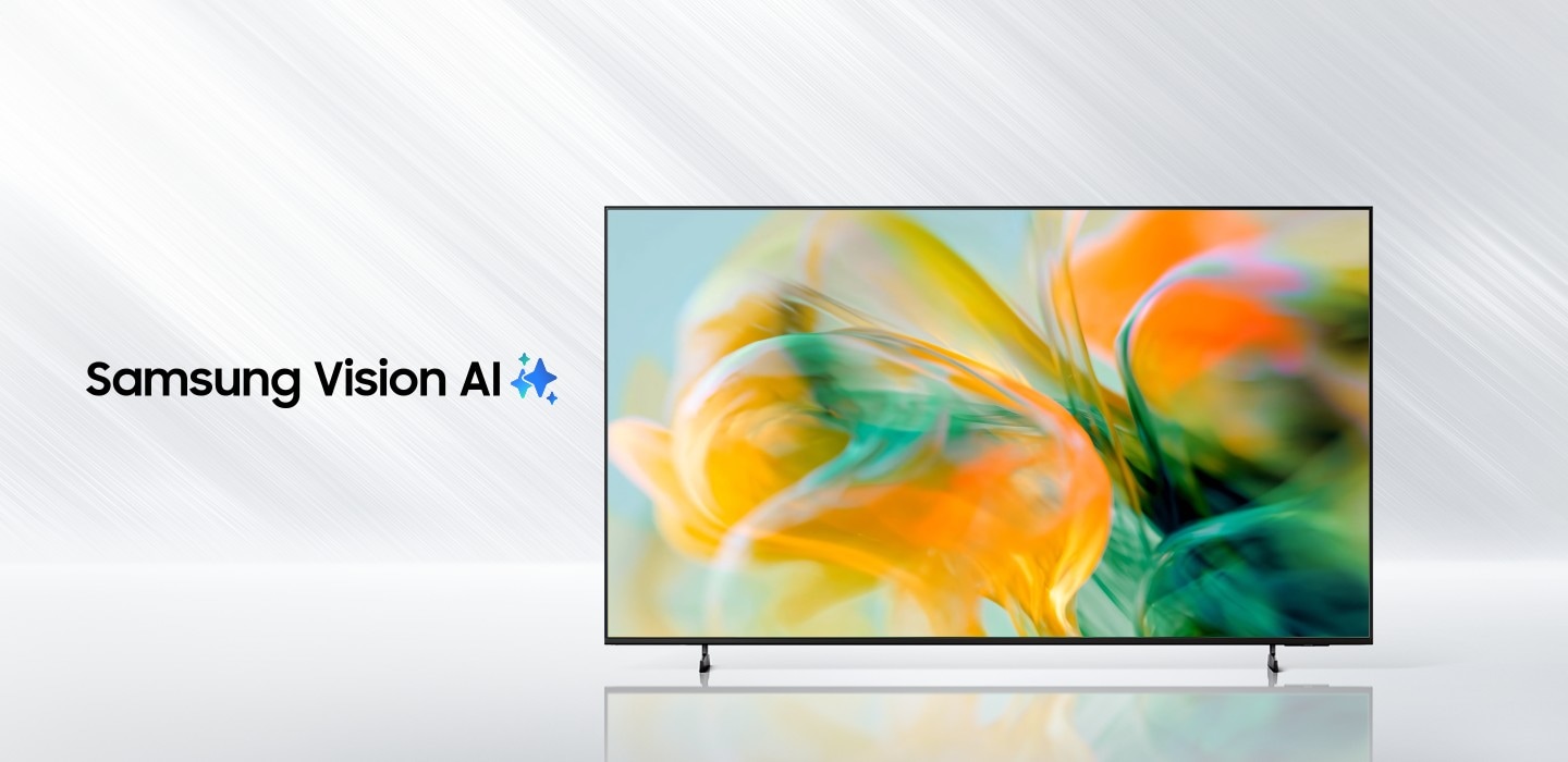 The words Samsung Vision AI is accompanied by the Samsung AI logo. Nearby, a TV turns on to display abstract visuals.