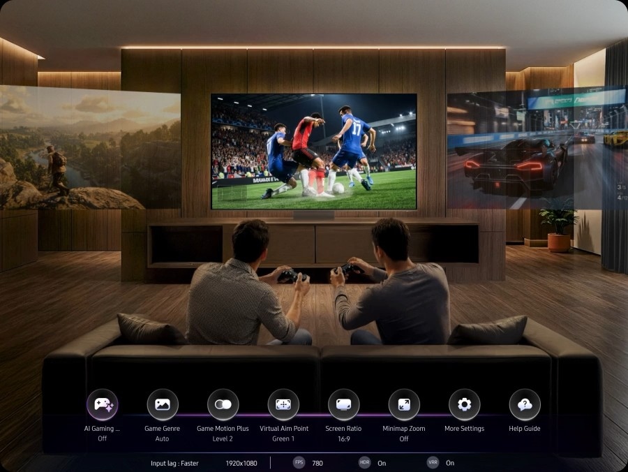 Two people gaming on a Samsung TV. They switch between various games, including a football game, a racing game and a first-person shooter game. With AI Gaming Optimizer on, the TV automatically detects the type of game being played.