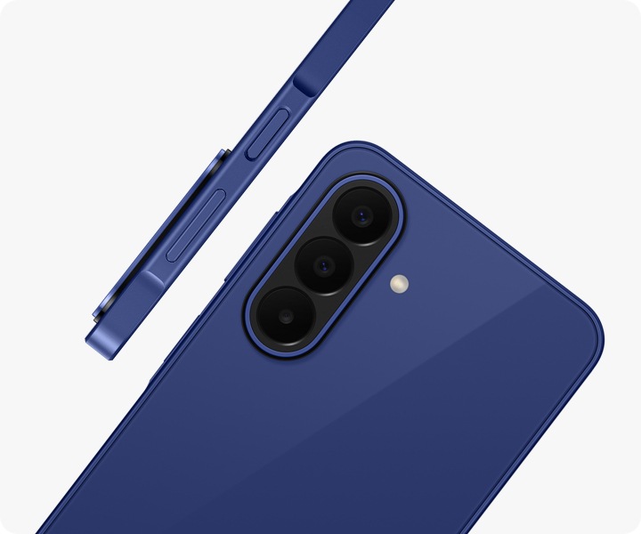 Galaxy A27 5G in Blue is seen at an angle from the back, highlighting the camera bump with the Triple Camera. Another Galaxy A27 5G in Blue is shown from the side view, highlighting the slim design.
