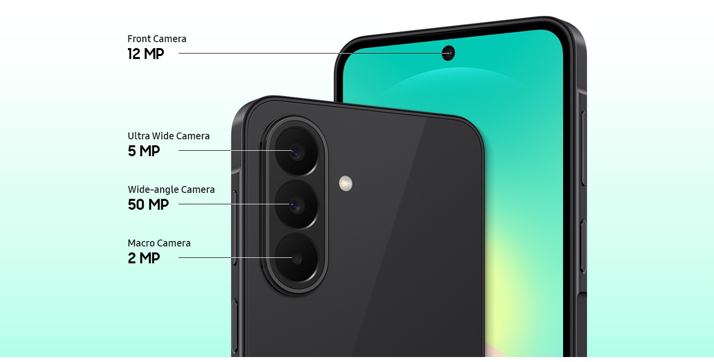 Close-up of the Triple Camera system on the back of Galaxy A27 5G in Black and a close-up of the Front Camera. Galaxy A27 5G is equipped with a 50 MP Wide-angle Camera, 5 MP Ultra Wide Camera and 2 MP Macro Camera on the back, and a 12 MP Front Camera.