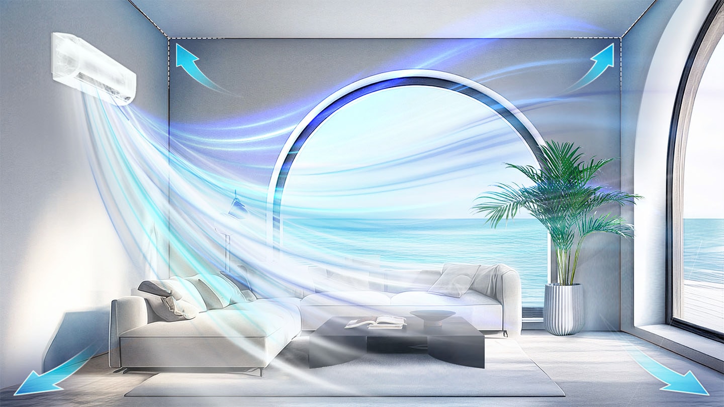 An air conditioner is operating on the upper left wall of a spacious, bright living room that has a sea view through large arched windows at the front and on the right side. Blue and light blue airflow lines, along with arrows in all four corners, illustrate how the cool air sweeps through the entire room, circulating quickly and widely from the sofa in the center of the living room to the floor, walls, and corners.