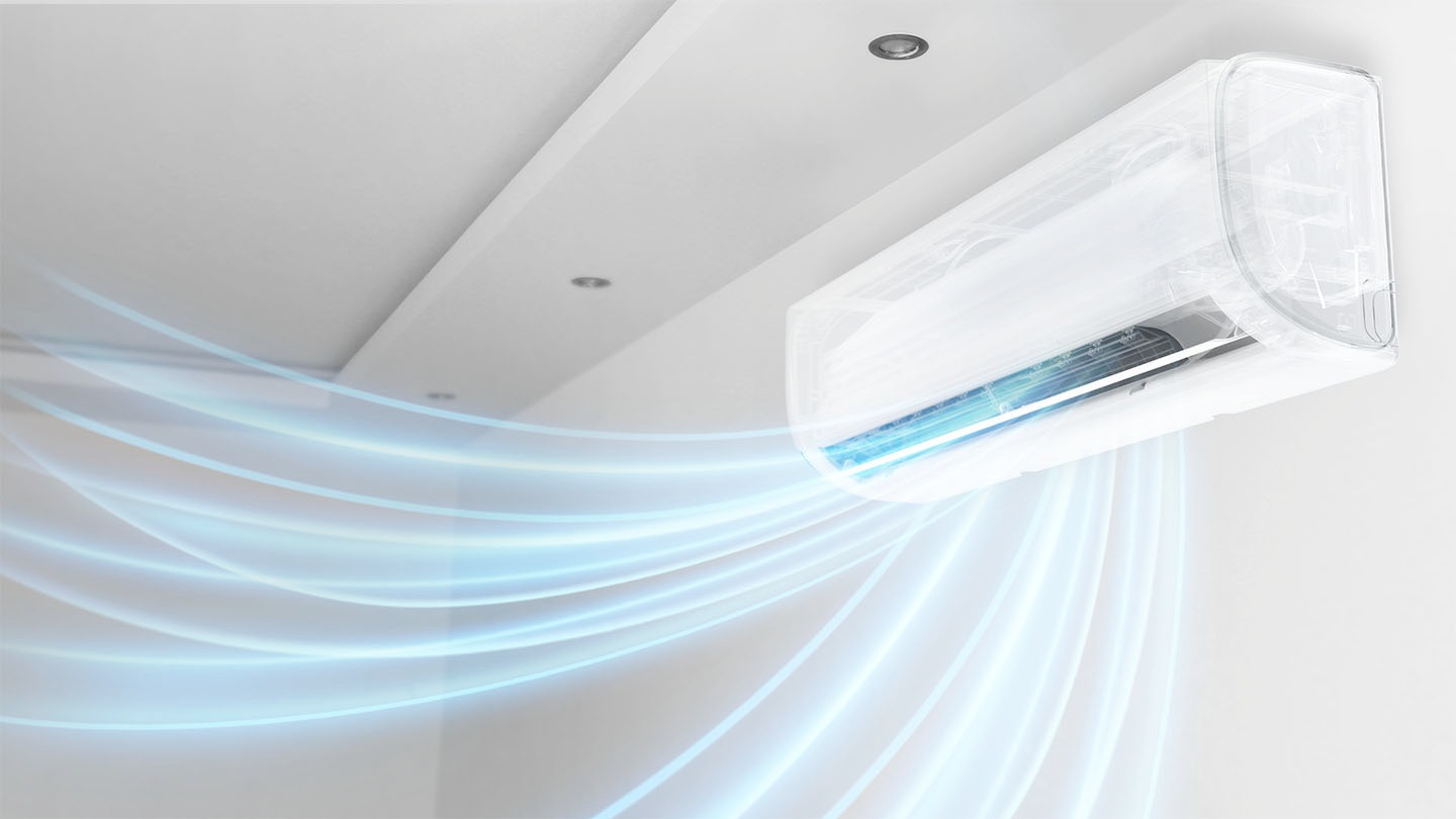 A wall-mounted air conditioner (AR40H) is installed on the right wall of the white interior space, emitting a gently curved blue airflow that splits into two streams.