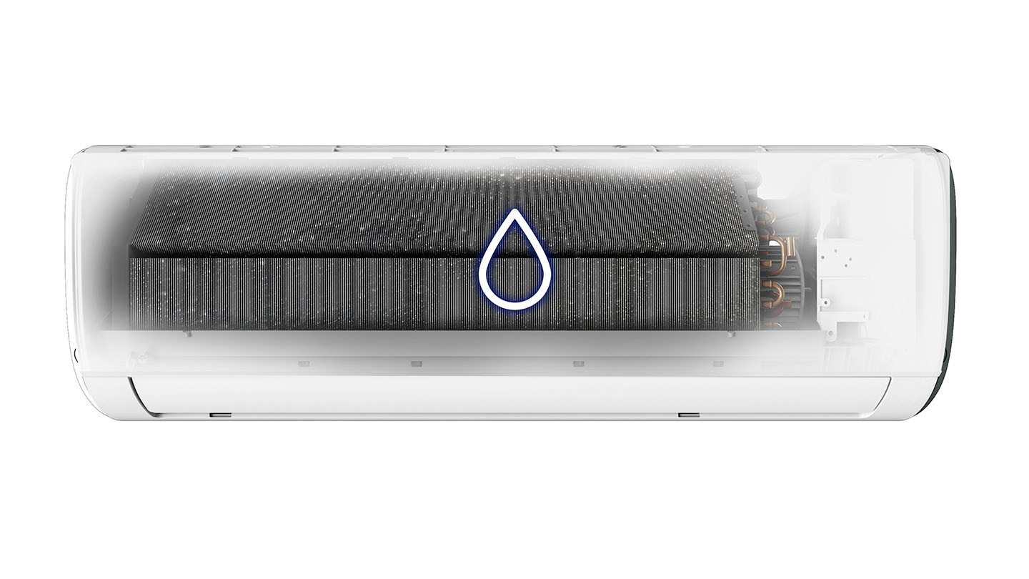 The front of the wall-mounted air conditioner is shown semi-transparently, revealing moisture on the heat exchanger along with a water-drop icon.