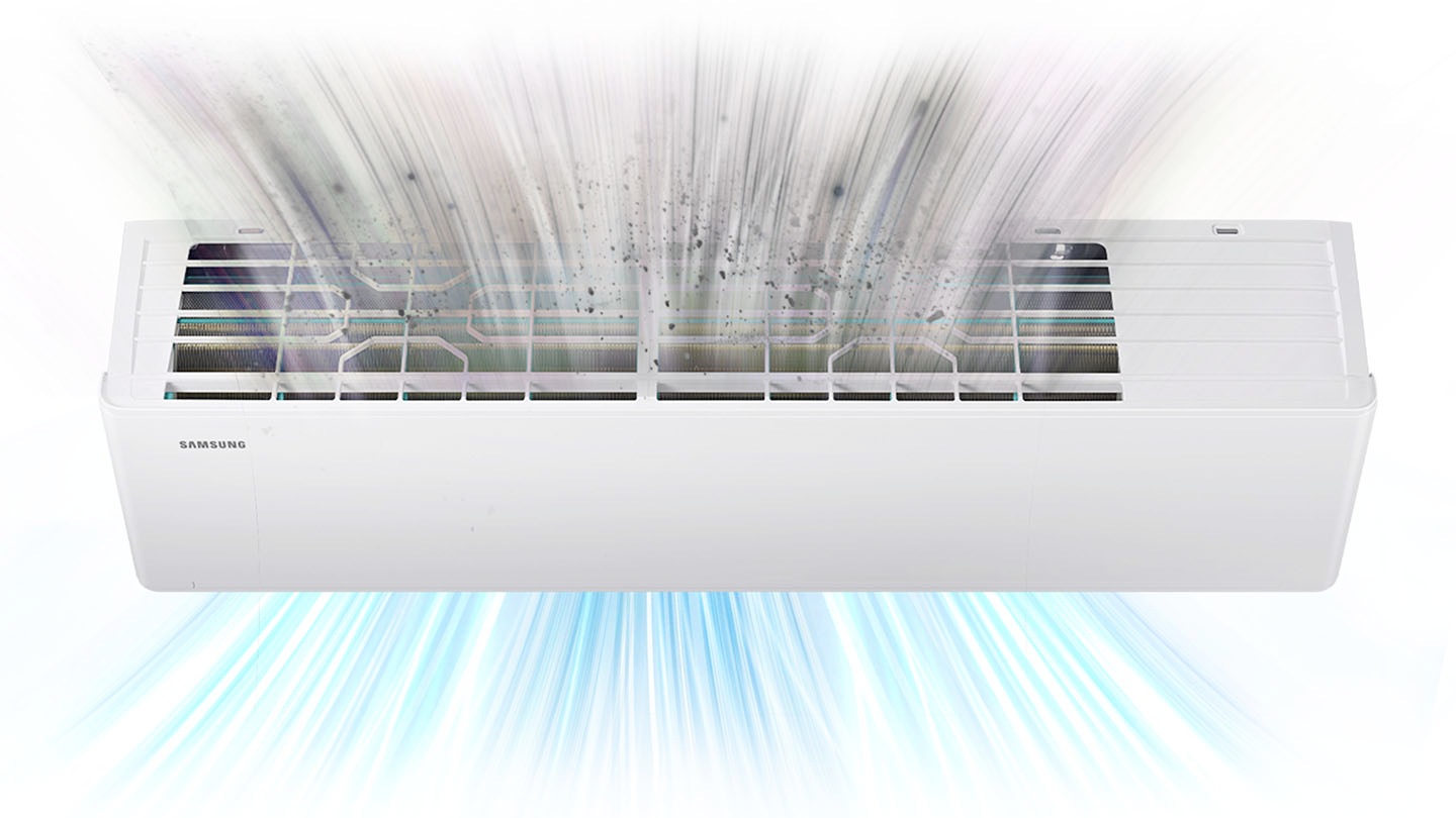 The upper section of a wall-mounted air conditioner is visible. Dust and contaminated air are drawn in through the top filter, while clean, blue-toned air is released from the bottom after filtration.