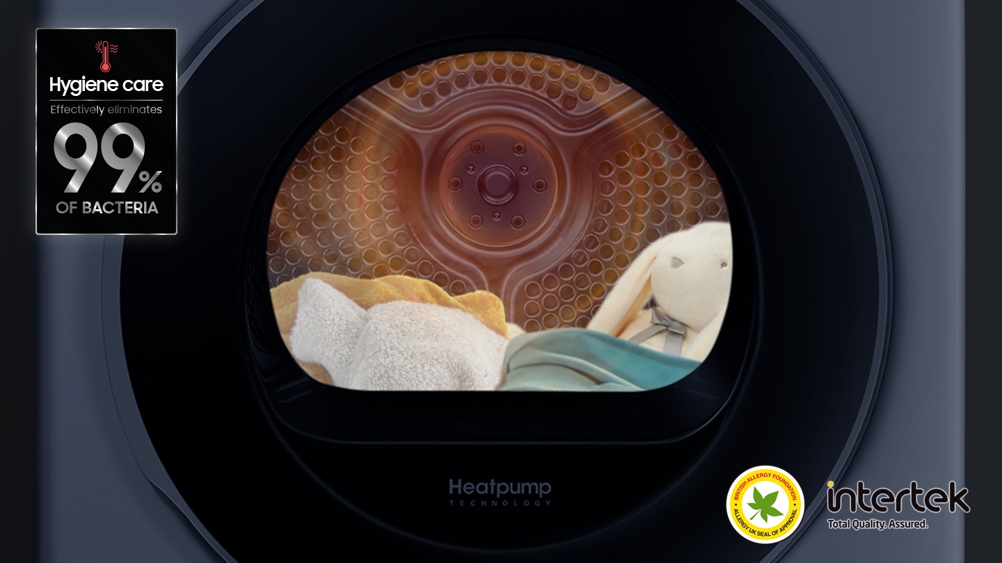 The clean laundry is in the dryer full of heat which can effectively eliminates 99% of Bacteria. BAF seal, intertek quality logos are on the side.