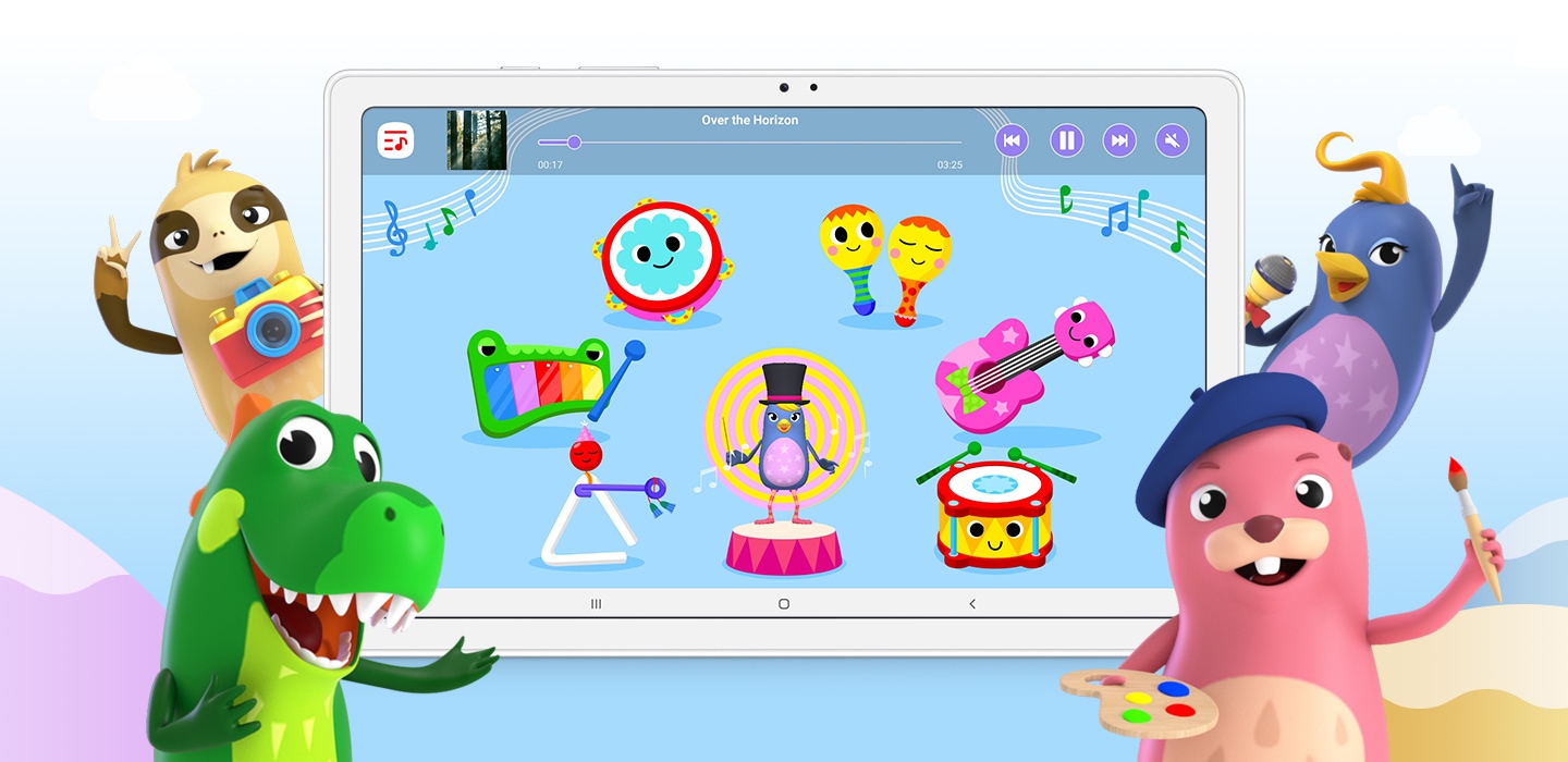 Animated characters from the Samsung Kids App wave enthusiastically as a scene from a game is displayed on Galaxy Tab A7.