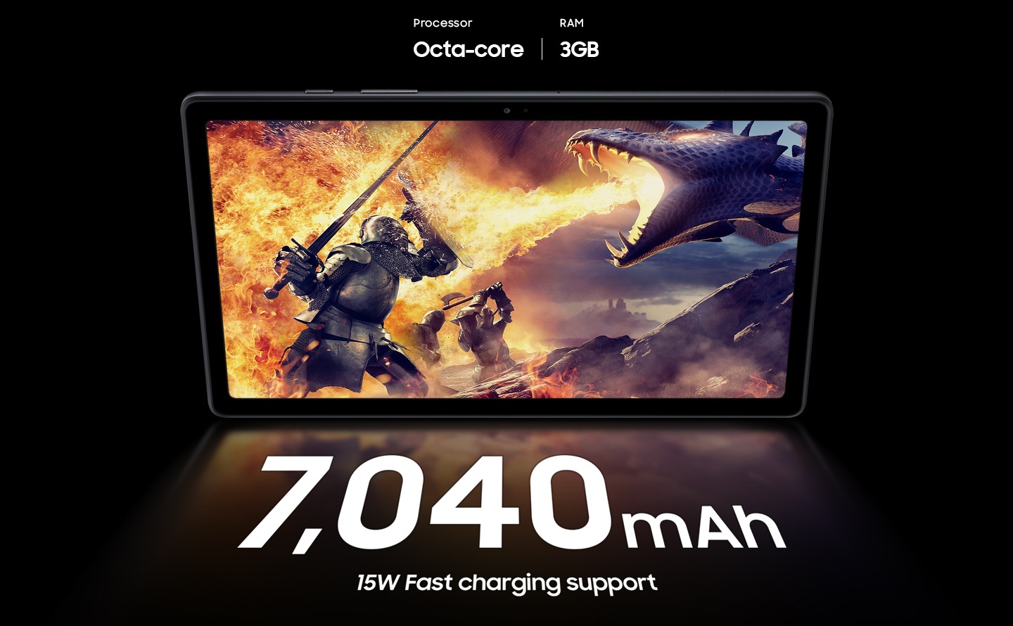 A scene from an action-adventure game is displayed on Galaxy Tab A7 with the texts Octa-core processor and 3GB RAM above it.