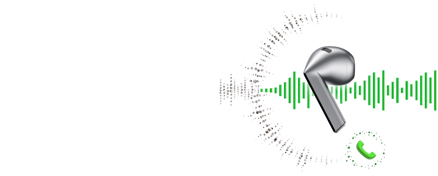 A Galaxy Buds3 earbud with particles, representing noise, blocked on one side and a sound wave of incoming call audio on the other, along with Call icon.