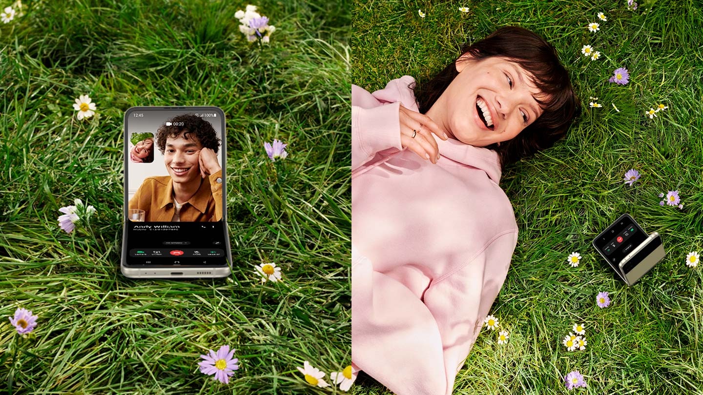 Galaxy Z Flip3 5G in Flex mode with a video call on screen. A woman laying in a field, looking into Galaxy Z Flip3 5G.