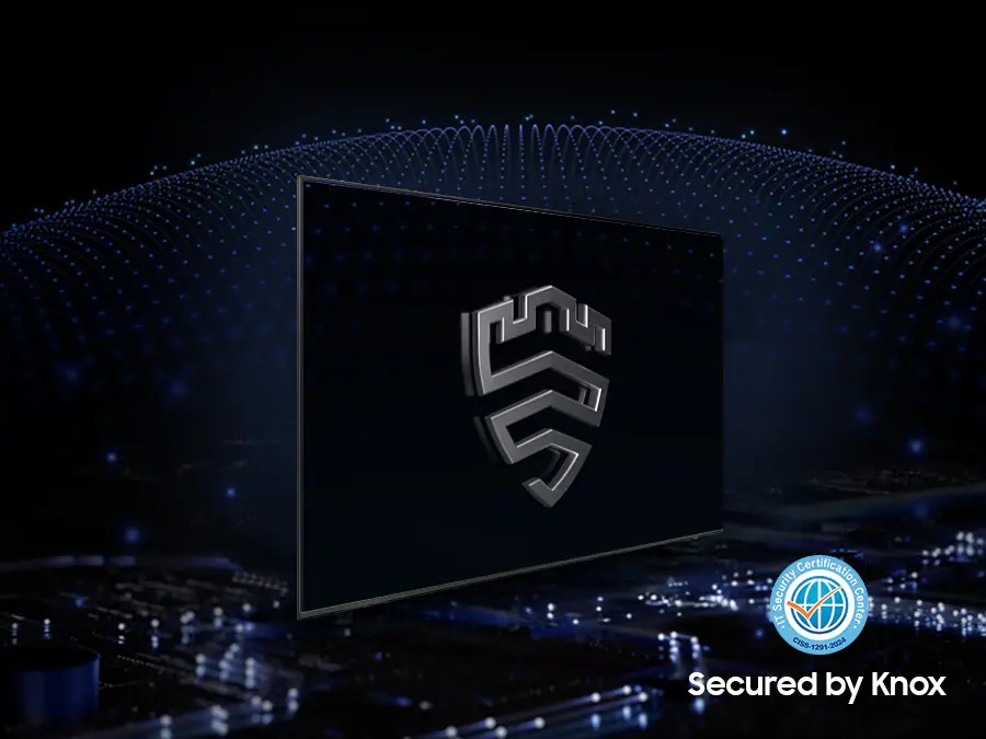 A multi-layered security solution is creating a dome-like enclosure behind a TV that's secured by Knox. The screen features the Samsung Knox emblem. The text Your privacy. Secured. Only on Samsung TV is on display on top. 