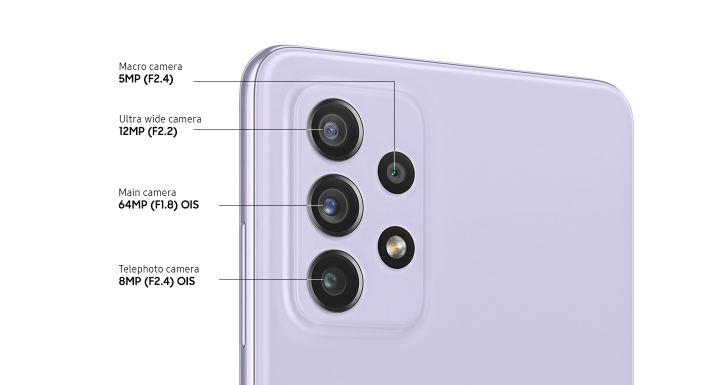 A rear close-up of advanced Quad Camera on the Awesome Violet model, showing F2.4 8MP OIS Telephoto camera, F1.8 64 MP OIS Main Camera, F2.2 12MP Ultra Wide Camera and F2.4 5MP Macro Camera.