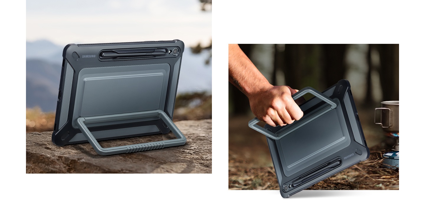 A Galaxy Tab S9 device covered with an Outdoor Cover is shown propped up horizontally with a kickstand on a rough surface in the mountains. Next to it, a hand is seen holding the device using the kickstand.