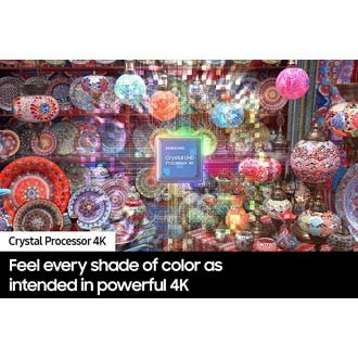 The Samsung Crystal UHD Processor 4K chip is on display in the middle amidst many colorful plates and ornaments.