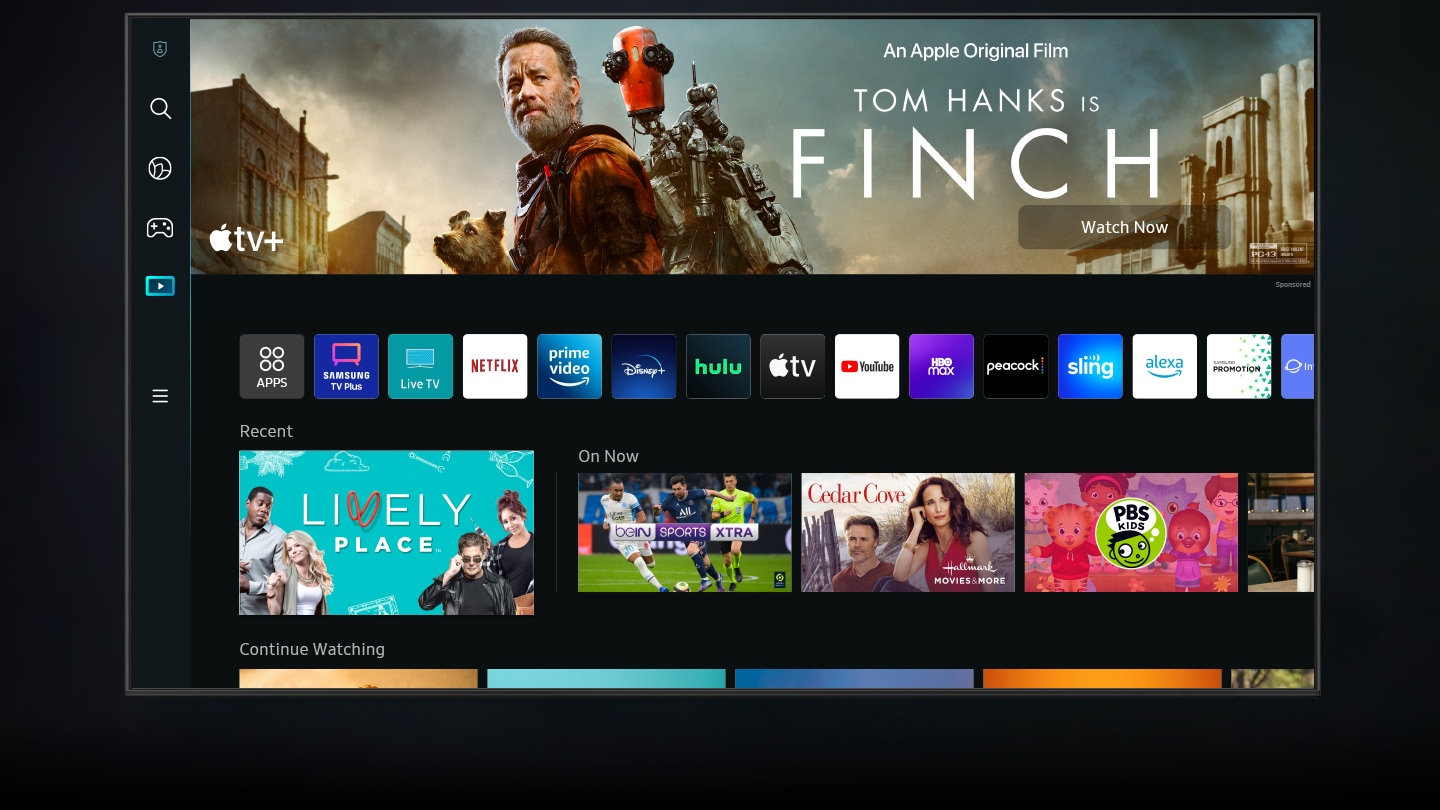 The new Smart Hub UI is displayed to show a wide variety of OTT services and contents being serviced.