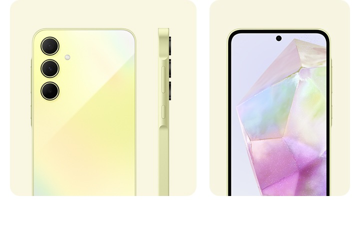 A Galaxy A35 5G in Awesome Lemon is showing its camera layout, rear and side view of the camera layout, and the front of the device.