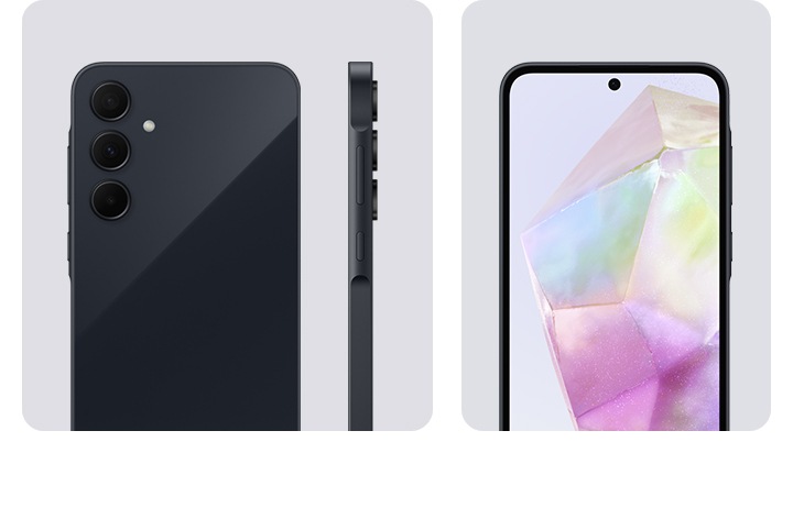 A Galaxy A35 5G in Awesome Navy is showing its camera layout, rear and side view of the camera layout, and the front of the device.