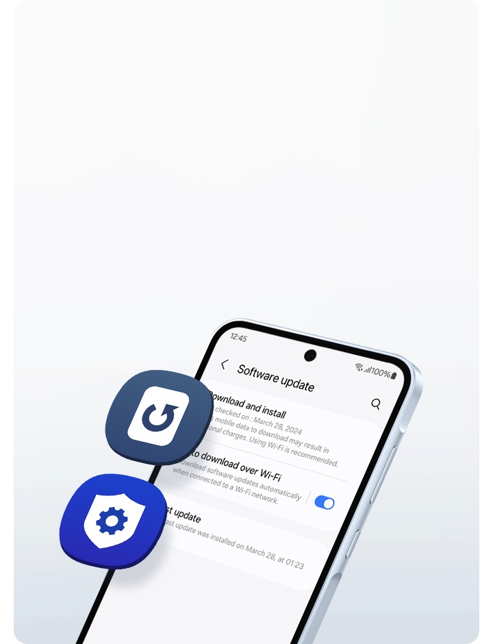 A Galaxy A35 5G screen displaying a 'Software update' page. Floating above the screen are two icons, software update and security update symbols.