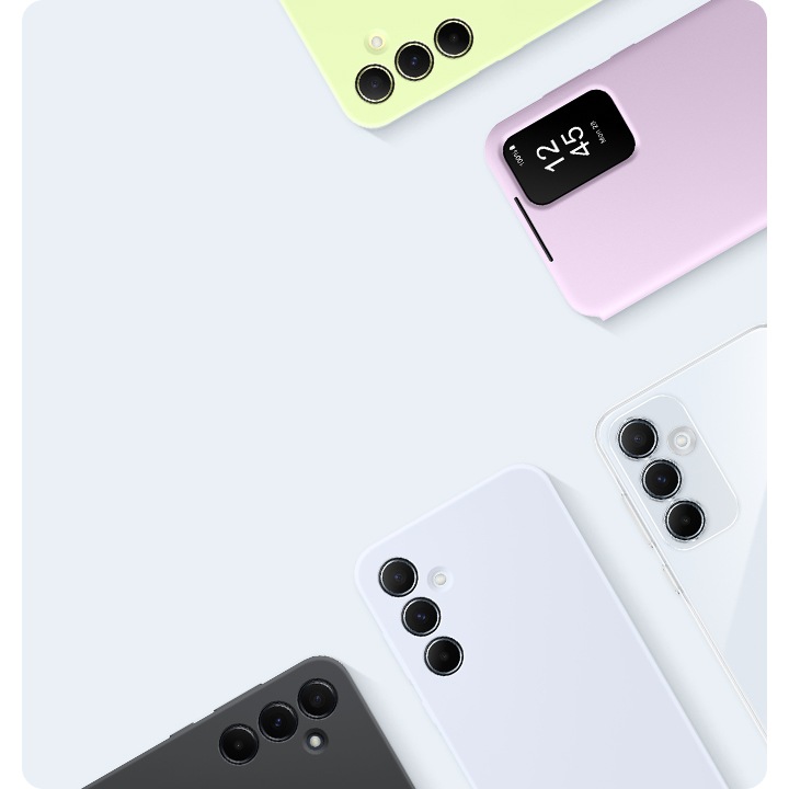 Galaxy A35 5G devices are wearing cases in different colors.