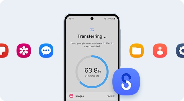 A smartphone displaying a data transfer process. Around the phone are colorful app icons and a Smart Switch logo.